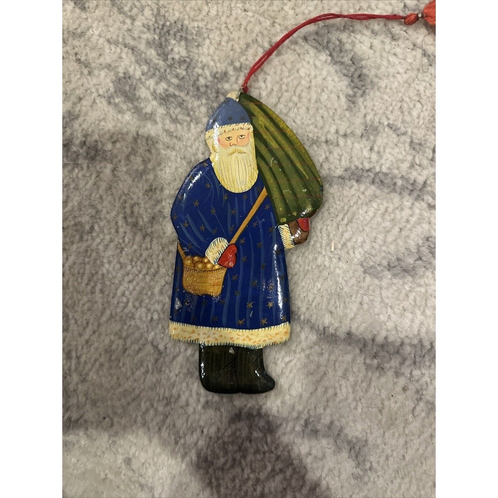 Vintage Handpainted Wood Folk Art Santa Claus With Christmas Tree Ornament 7 BB